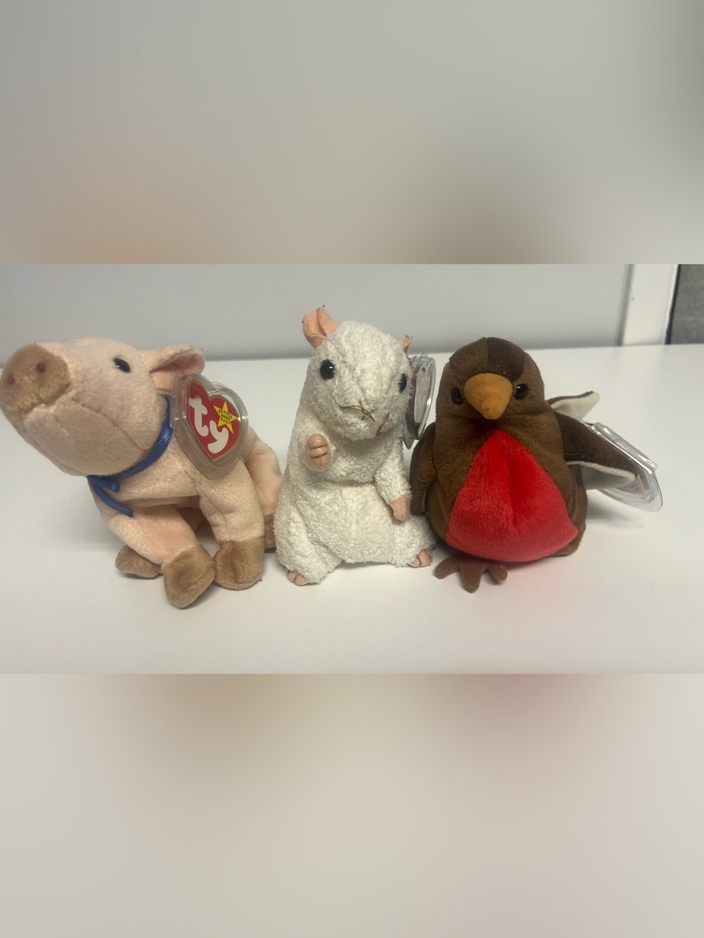 Ty Plush Trio – White Mouse, Pink Pig & Brown Robin